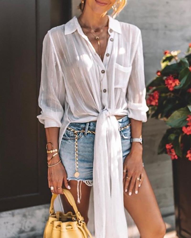 

See Through White Knotted Slit Shirt