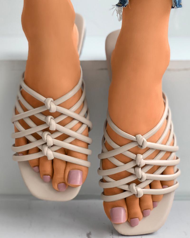

Multi Strap Crisscross Knotted Flat Slider Sandals, Beige