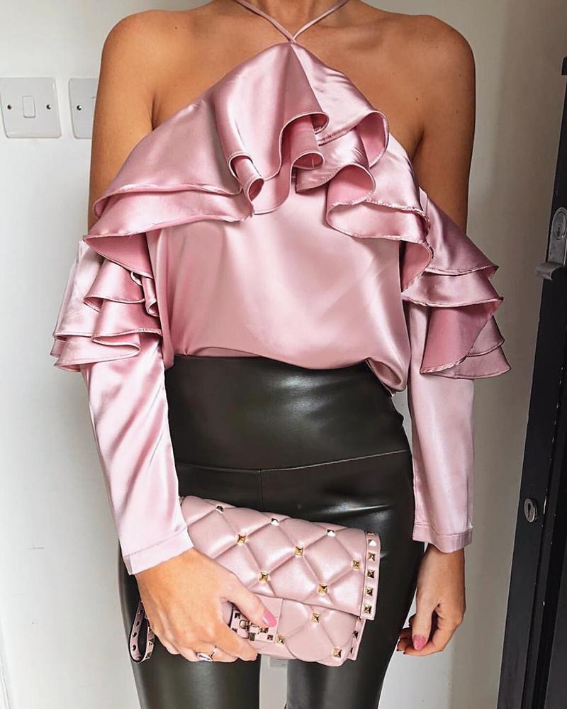 

Solid Halter Layered Ruffles Blouse, Pink