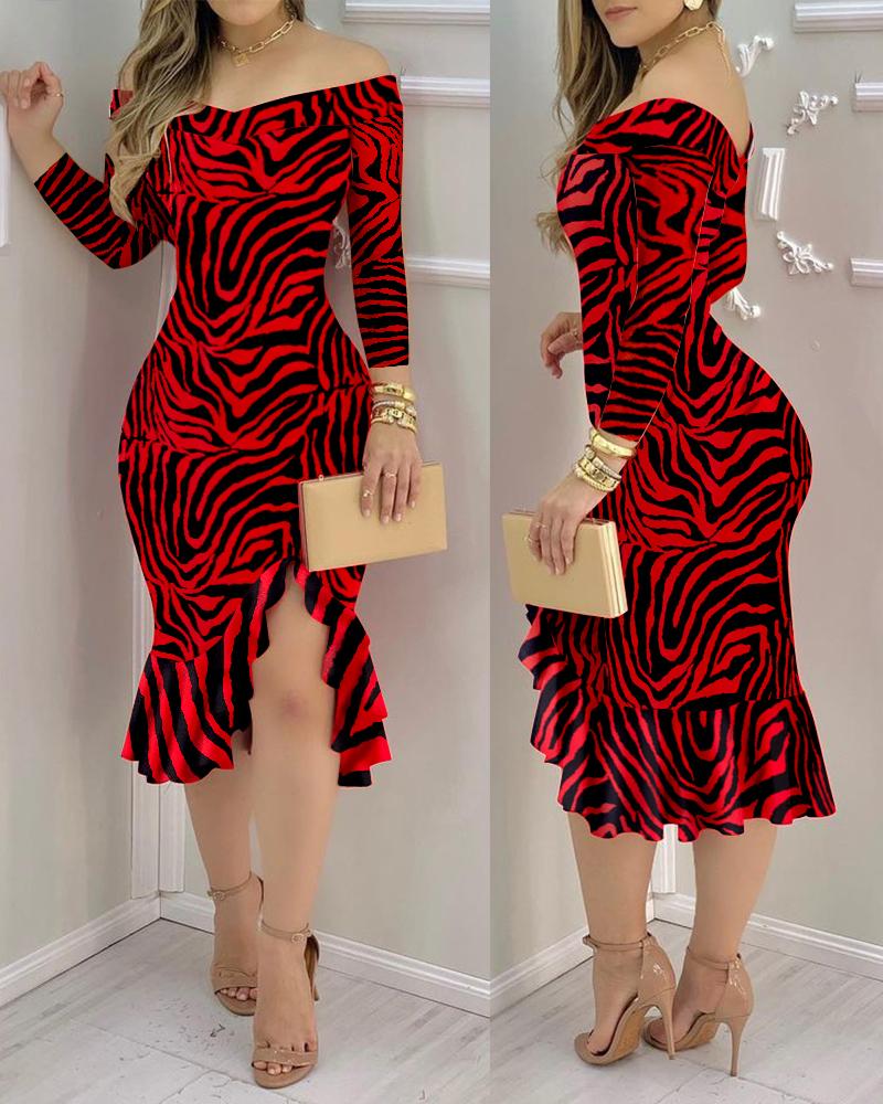 

Animal Print Off Shoulder Ruffles Slit Dress, Red