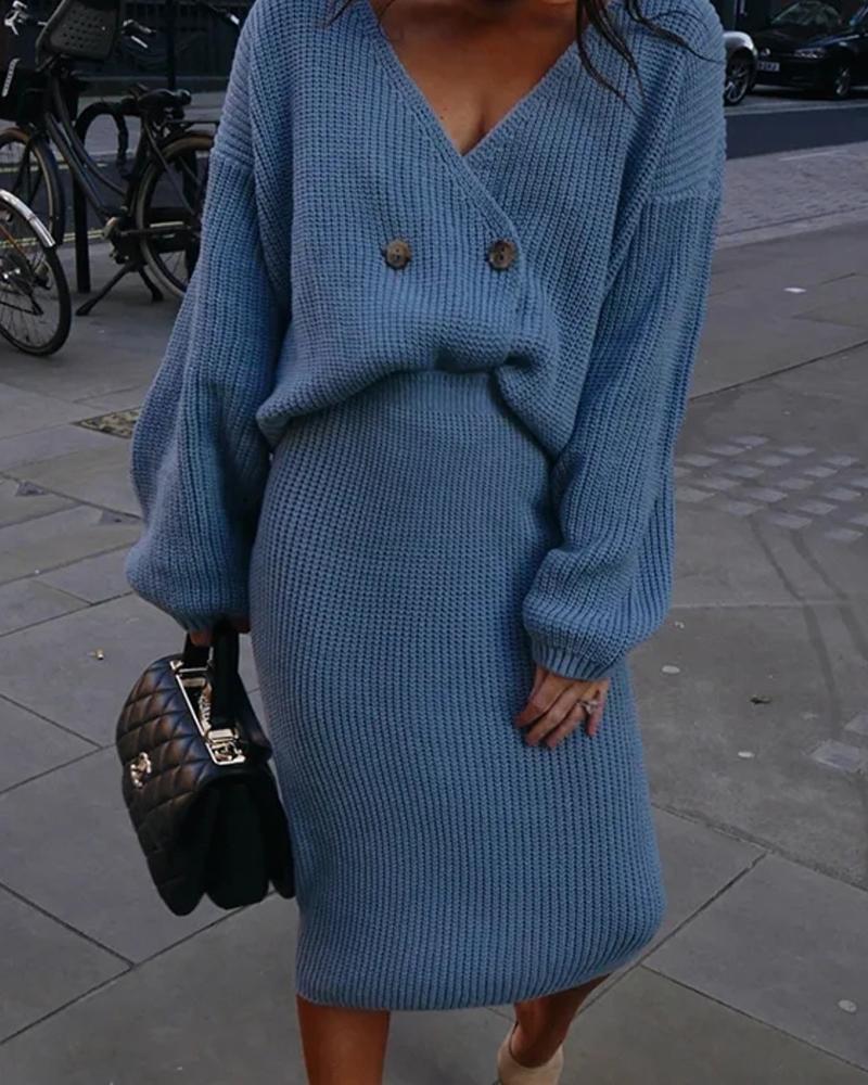 

Buttoned Knit Top & Skirt Set, Blue