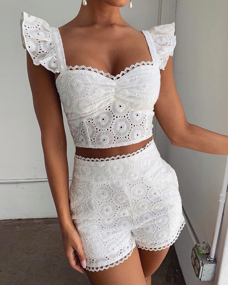 

Lace Ruffles Hollow Out Top & Short Sets, White