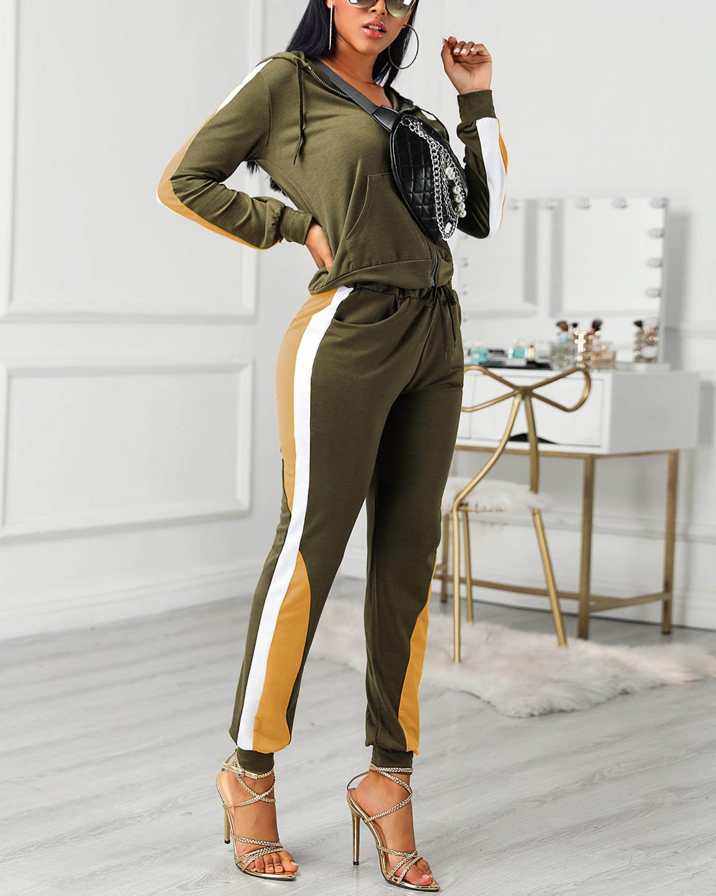 

Colorblock Drawstring Design Zipped Top & Pant Sets, Army green