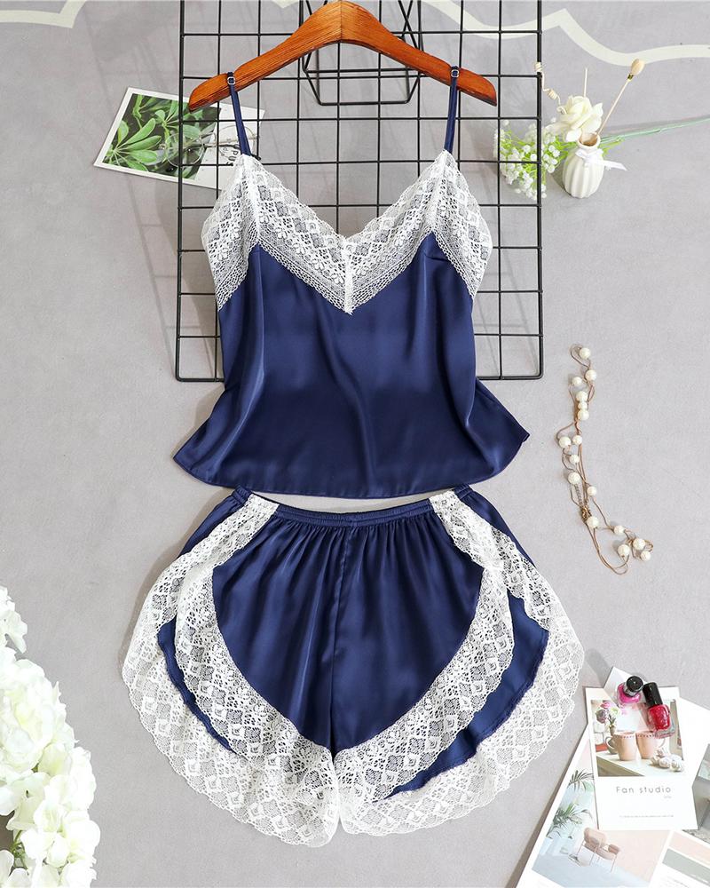 

V-neck Lace Trim Cami Sets, Dark blue