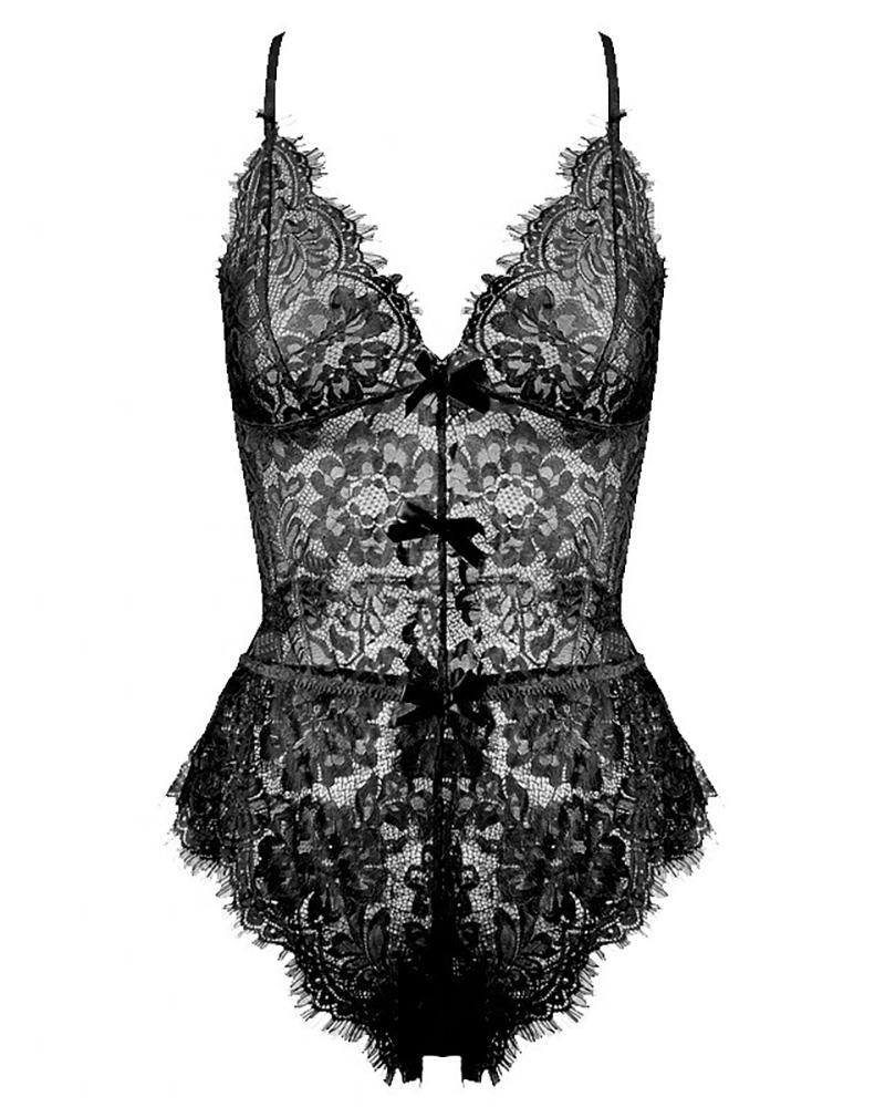 

Bowknot Decor Scallop Trim Lace Teddies, Black