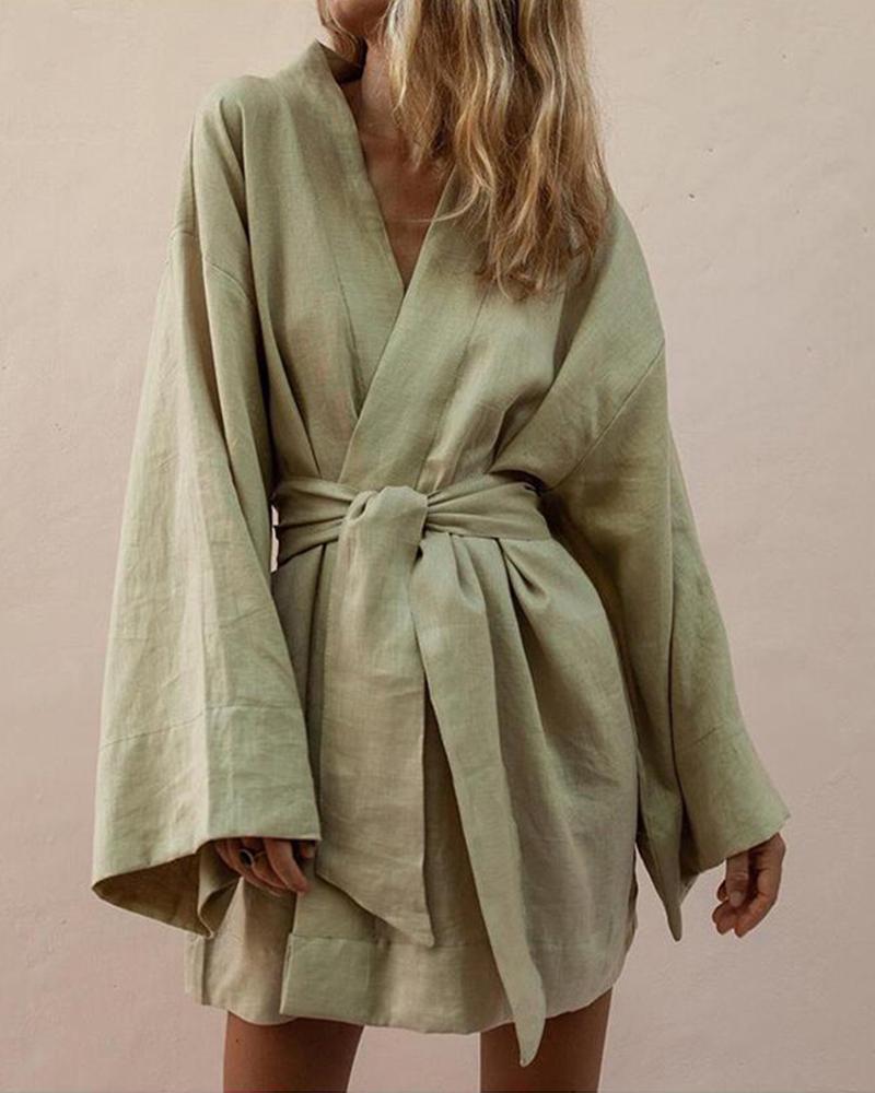 

Solid Tie Waist Robe Dress, Green
