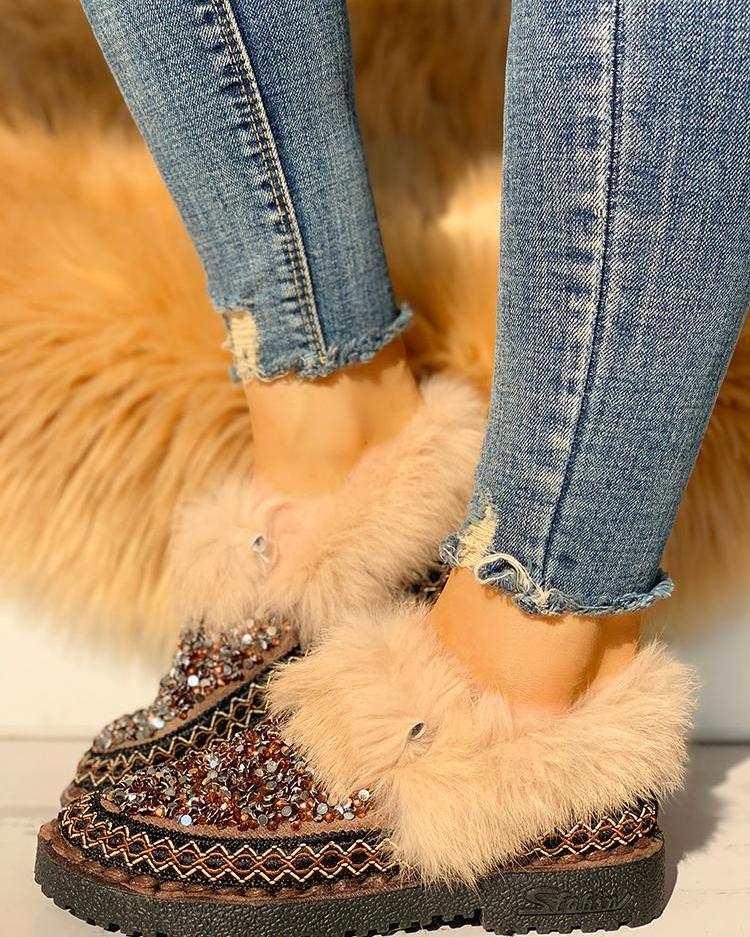 

Fluffy & Rhinestone Embellished Flat Shoes, Khaki