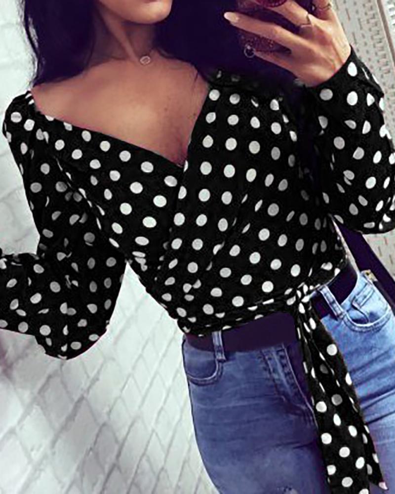 

Dot Print V-Neck Wrap Casual Blouse, Black