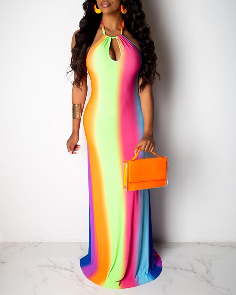 

Tie Dye Print Halter Backless Maxi Dress, Multicolor