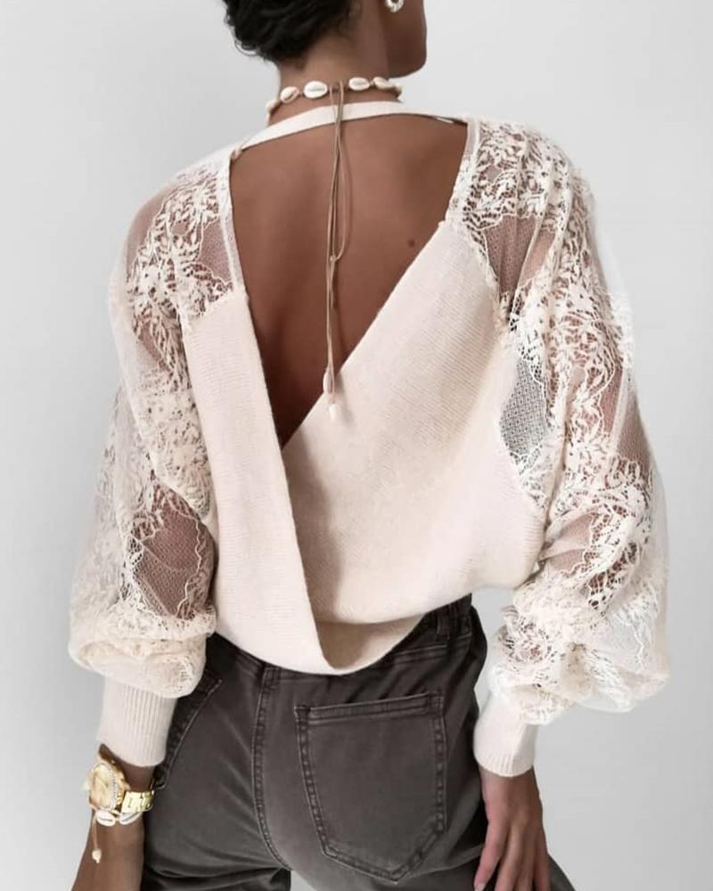 

Cut Out Back Sheer Lace Insert Knitting Sweater, Light pink