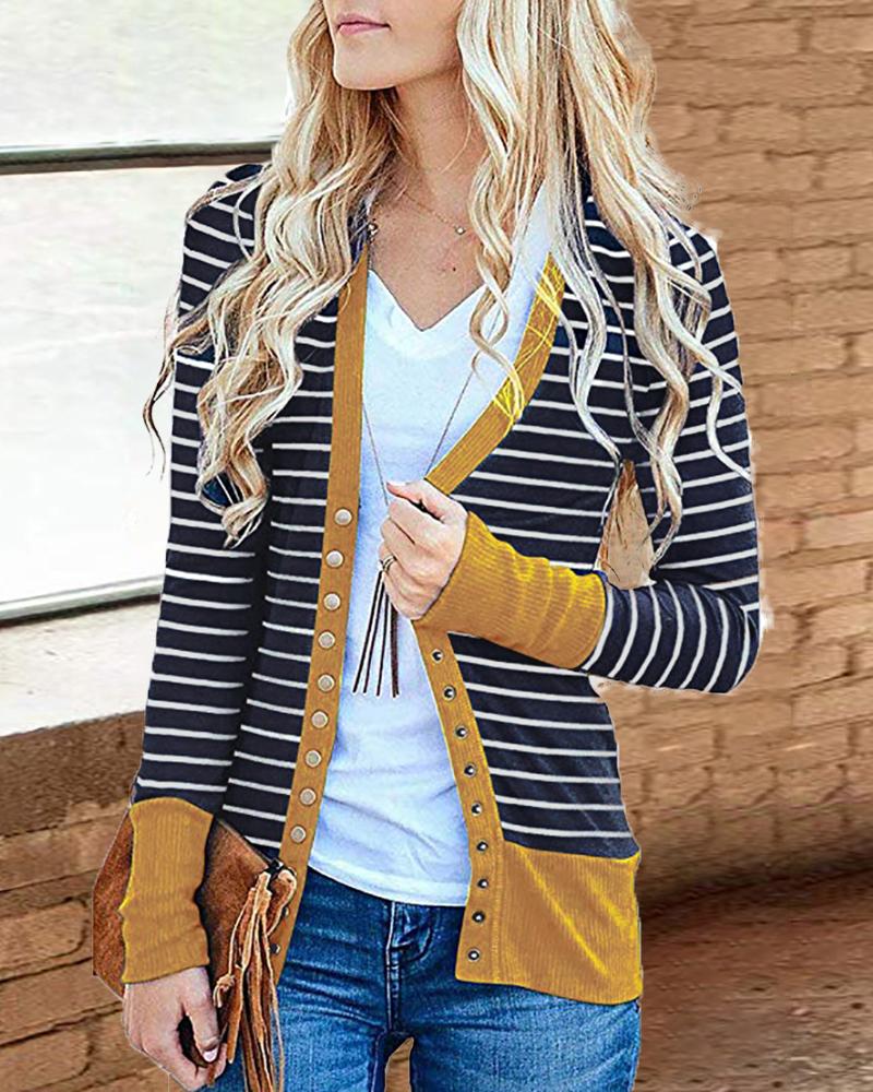 

Contrast Binding Striped Buttoned Cardigan, Yellow