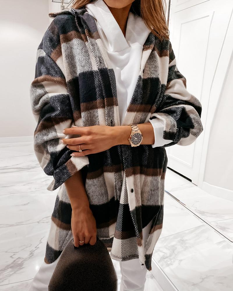 

Button Design Side Slit Checked Shacket, Gray