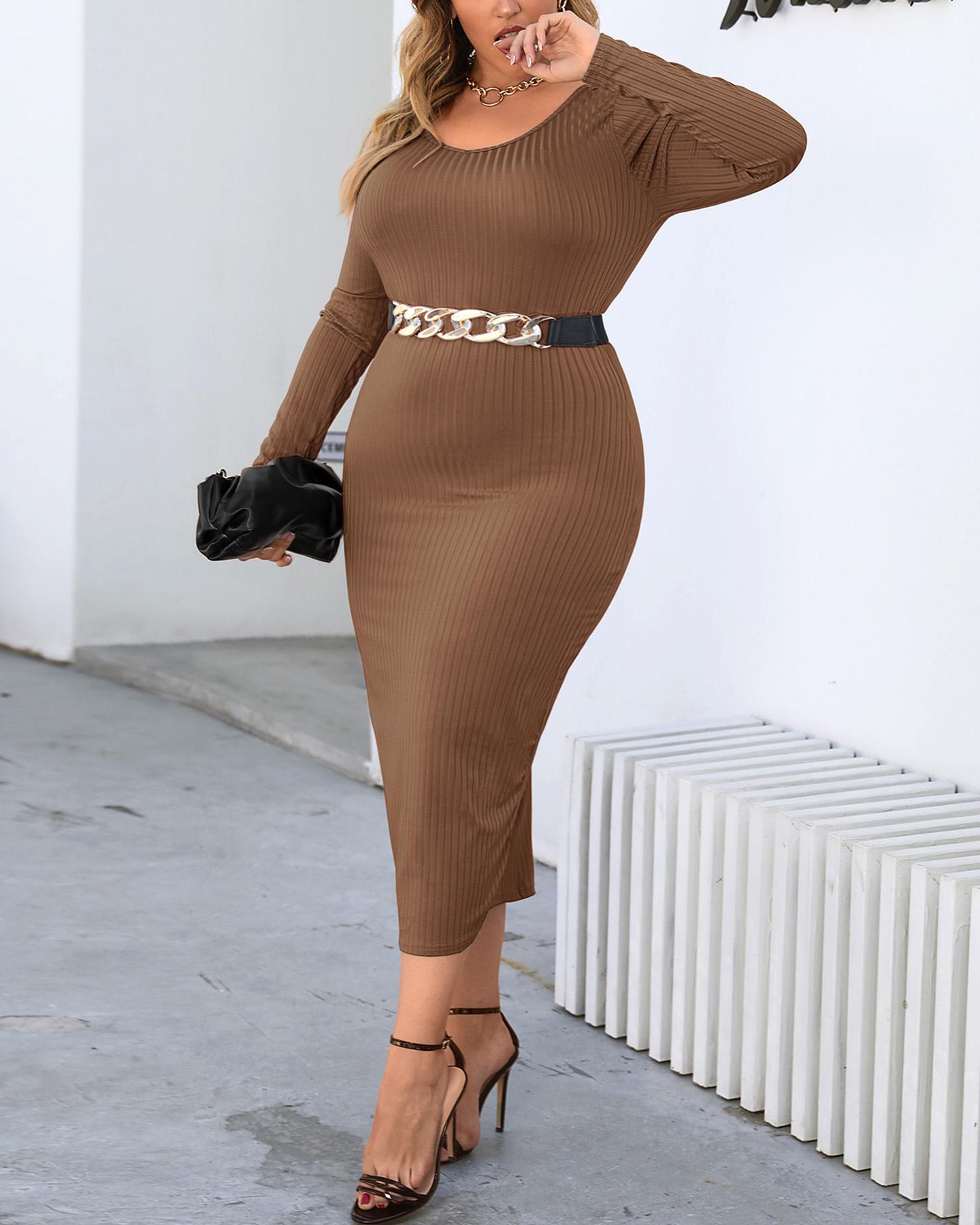 

Plus Size Knit Plain Long Sleeve Dress, Coffee