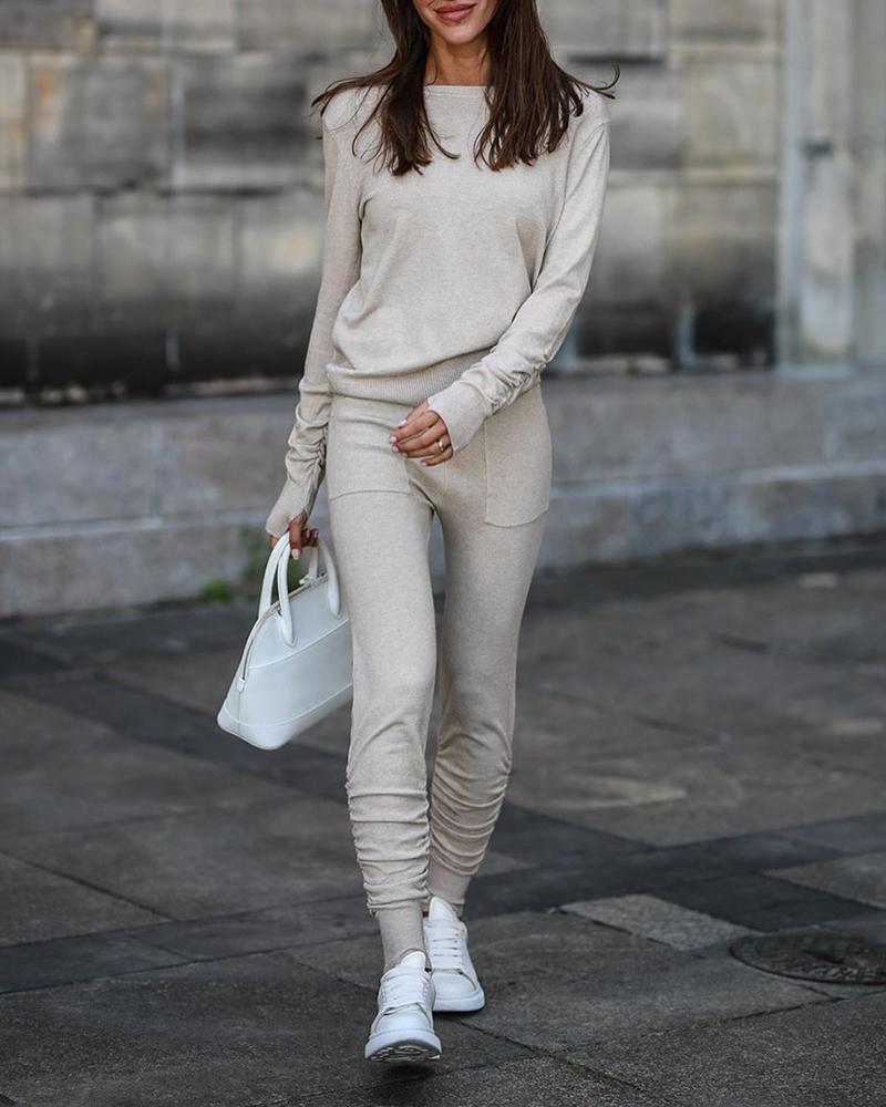 

Solid Long Sleeve Casual Top & Ruched Pocket Design Pants Set, Beige