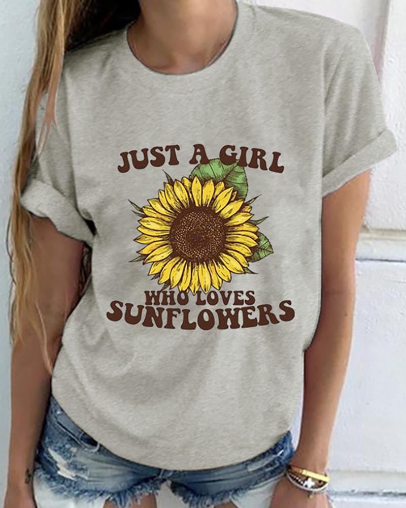 

Letter Sunflower Print Shot Sleeve Casual T-shirt, Gray