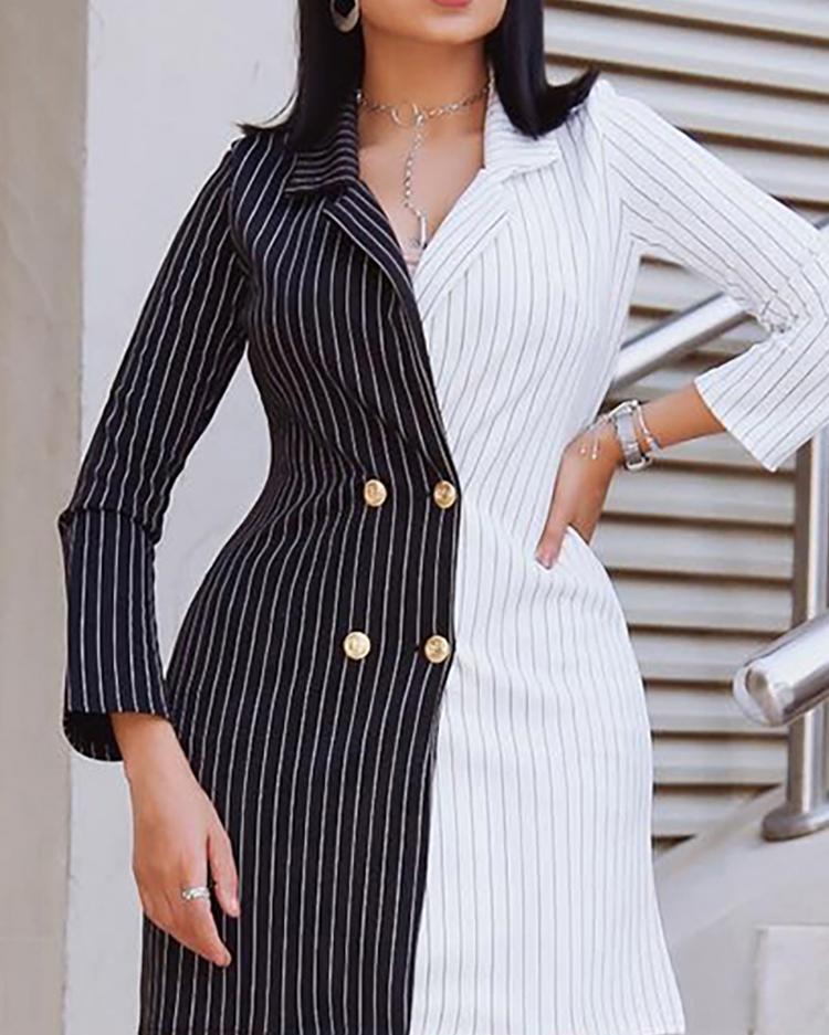 

Two Tone Striped Double Breasted Blazer Dress, White