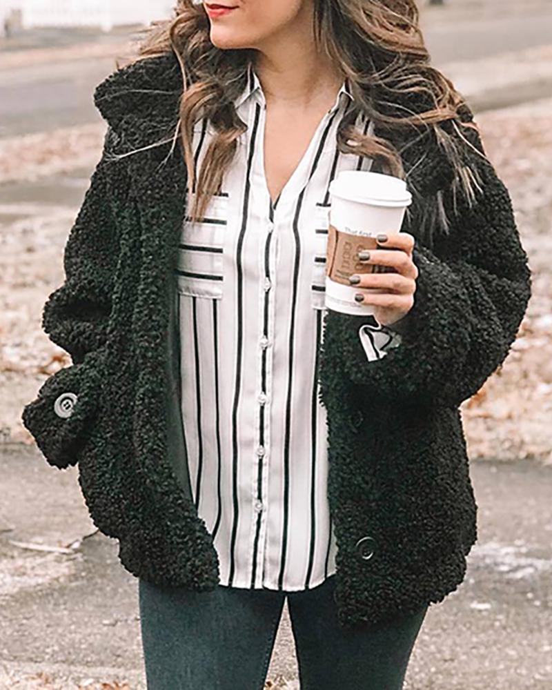 

Button Pocket Design Long Sleeve Teddy Coat, Black