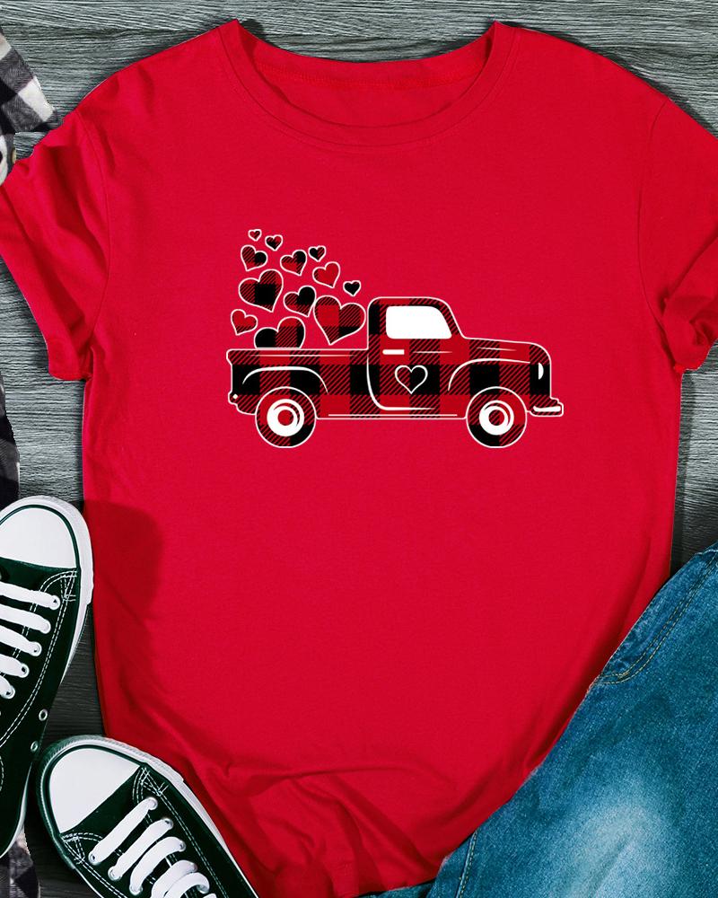 

Valentine' Day Plaid Car Heart Print T-shirt, Red