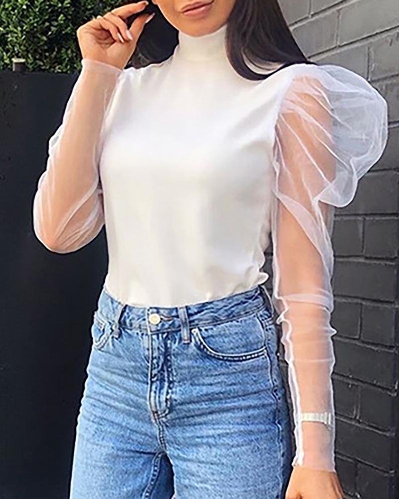 

High Neck Sheer Mash Insert Blouse, White