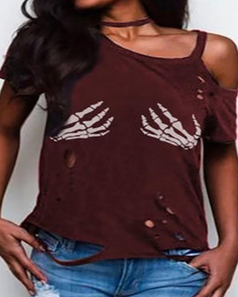 

Skeleton Print Cold Shoulder Hollow Out T-shirt, Wine red