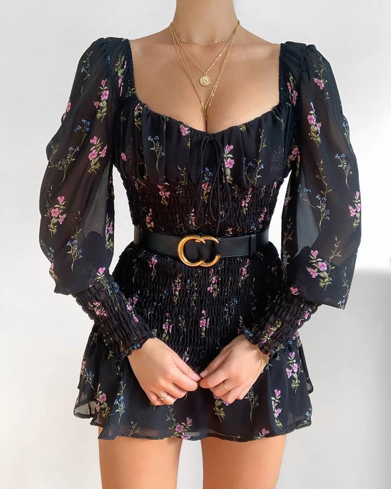 

Mesh Puff Sleeve Shirring Design Floral Print Ruffles Dress, Black