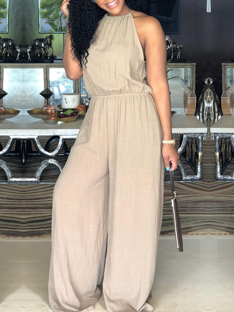 

Halter Drawstring Wasit Wide Leg Jumpsuit, Apricot