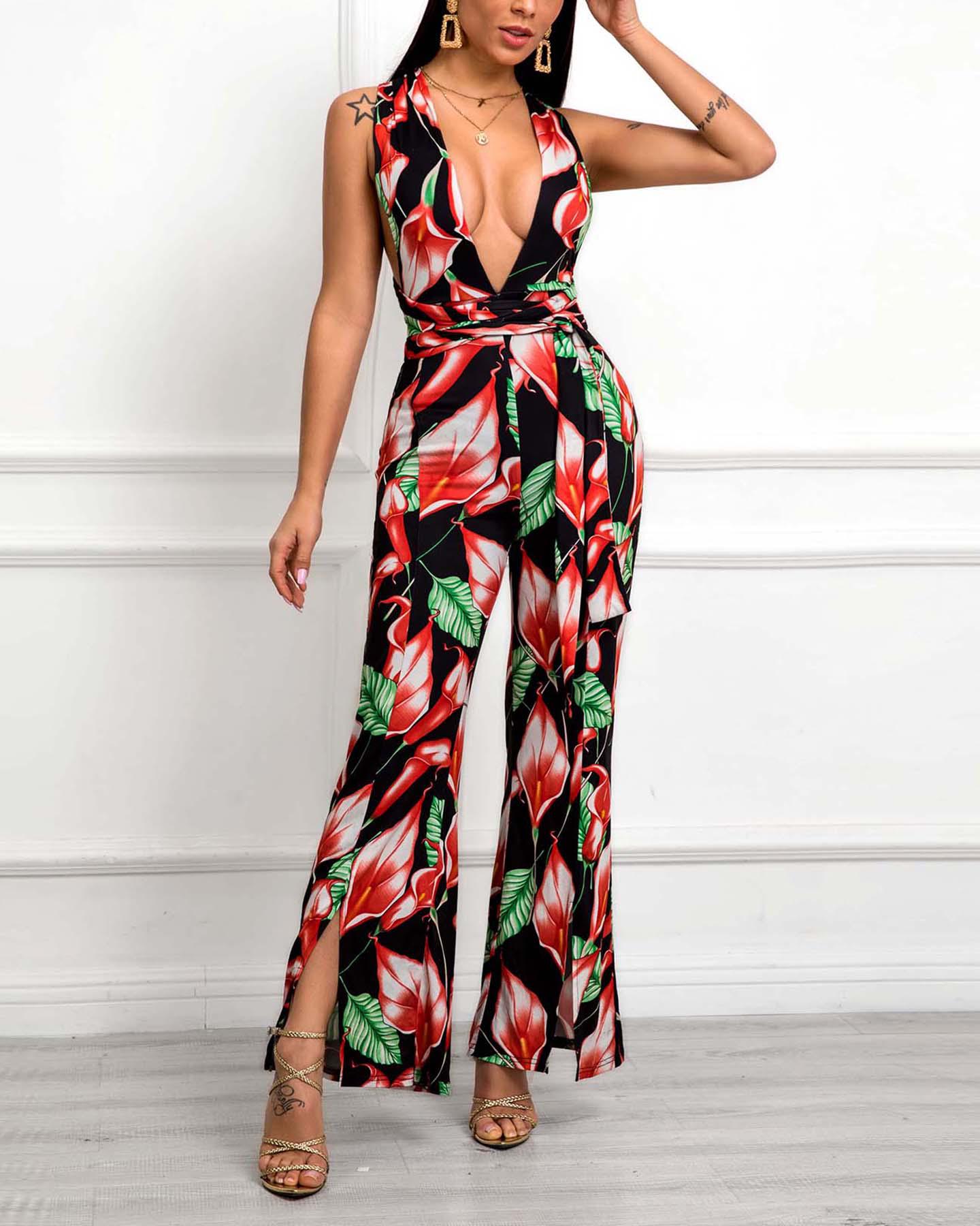 

Plunge Slit Leg Crisscross Back Jumpsuit, Multicolor