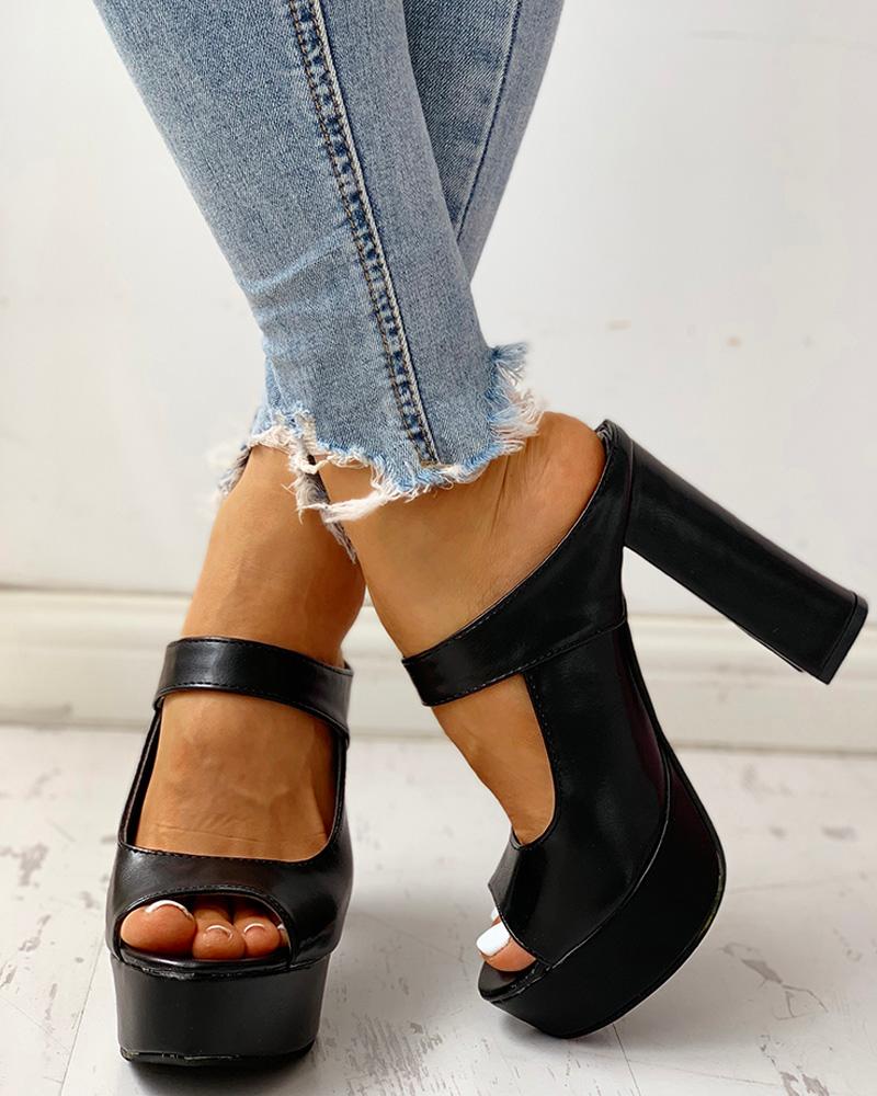 

Peep Toe Platform Chunky Heeled Sandals, Black