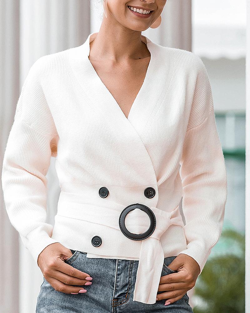 

Casual V-neck Double Breasted Sweater, Beige
