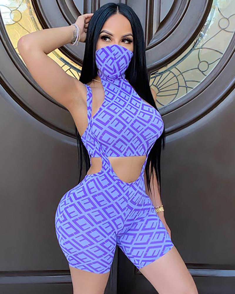 

Print Sleeveless Top With Face Cover & Suspender Short Set, Blue
