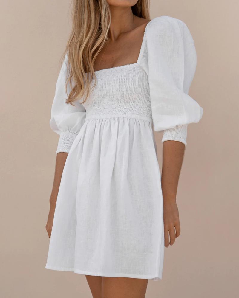 

Square Neck Puffed Sleeve Shirring Dress, White