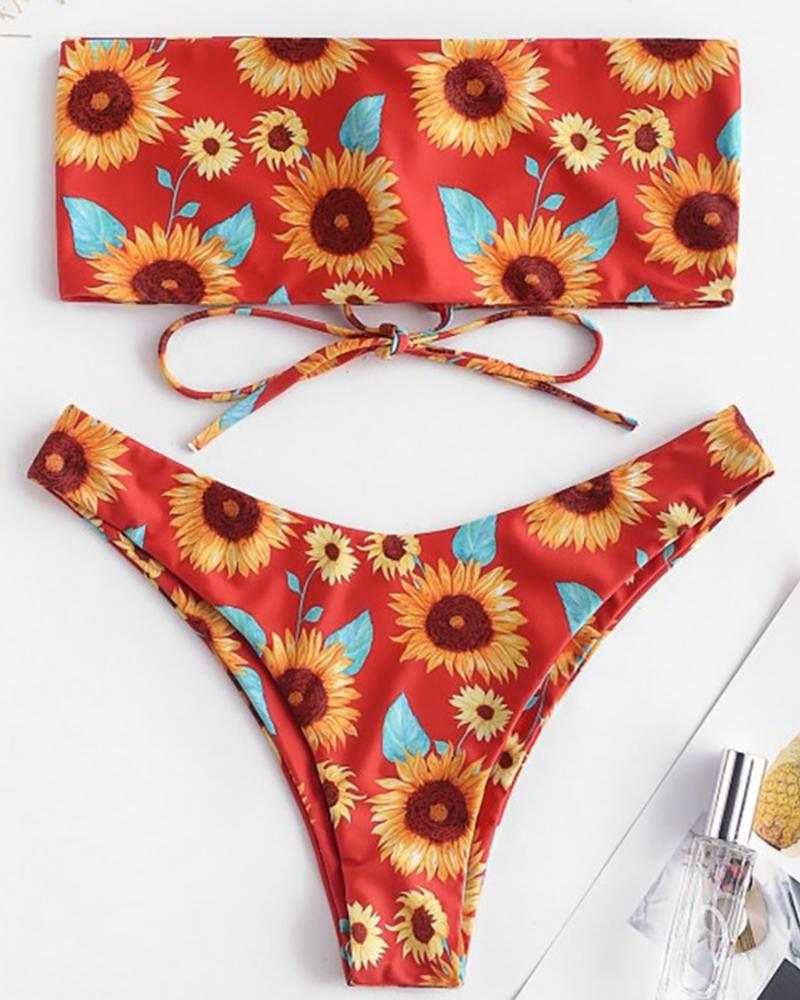 

Sunflower Print Bandeau Eyelet Lace-Up Padded Bikini Set, Orange