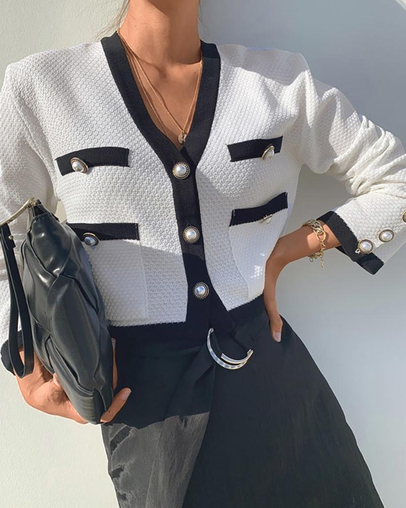 

Colorblock Beaded Pocket Design Tweed Coat, White