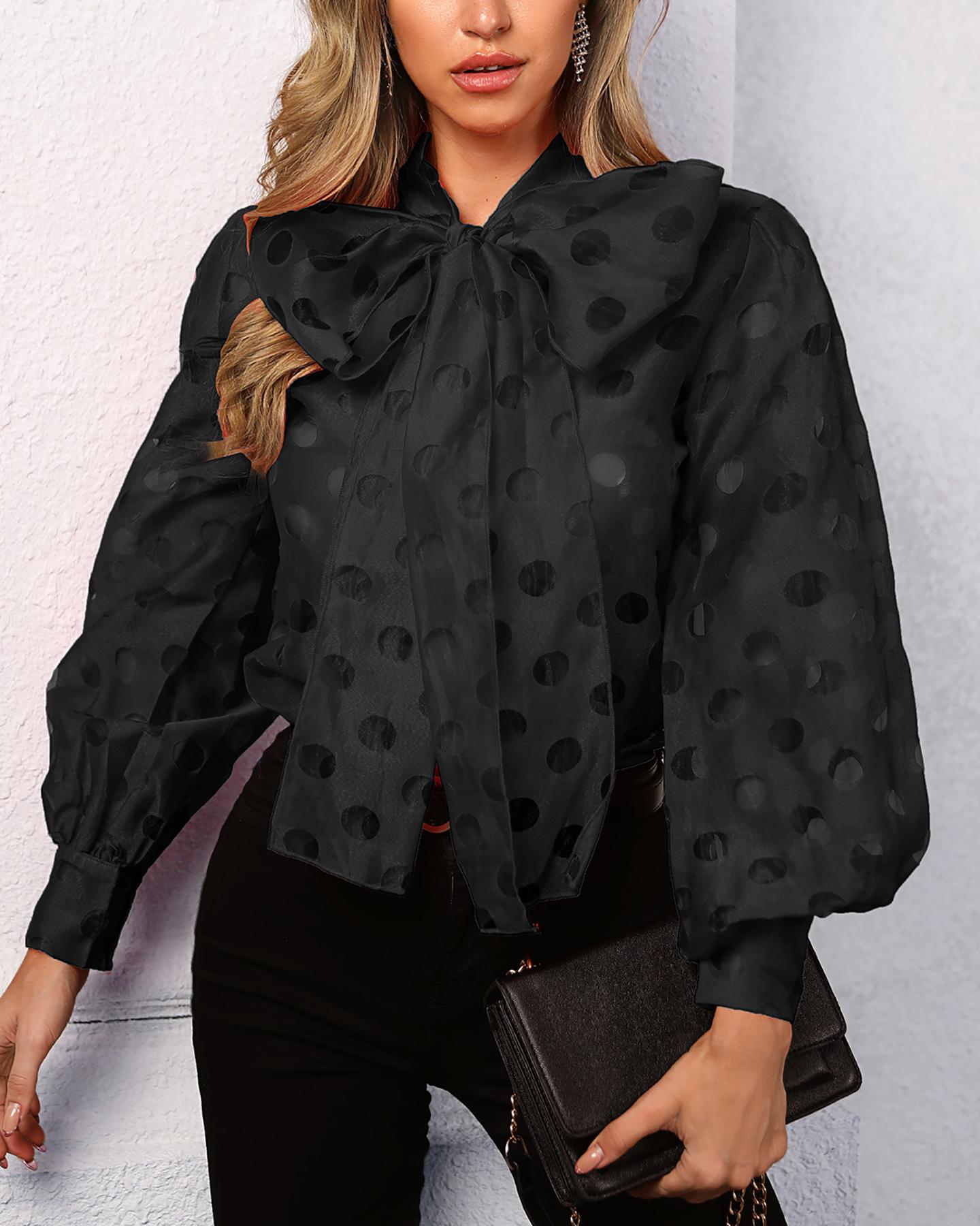 

Dot Hollow Out Lantern Sleeve Knotted Blouse, Black