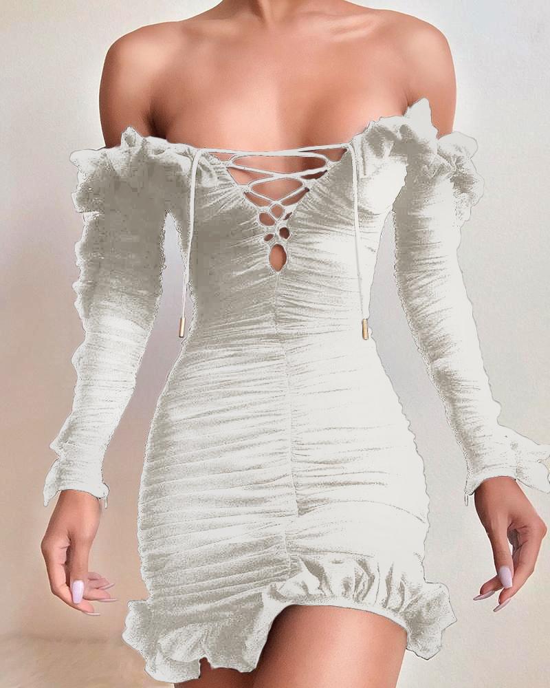 

Lace-Up Off Shoulder Ruffles Ruched Dress, White