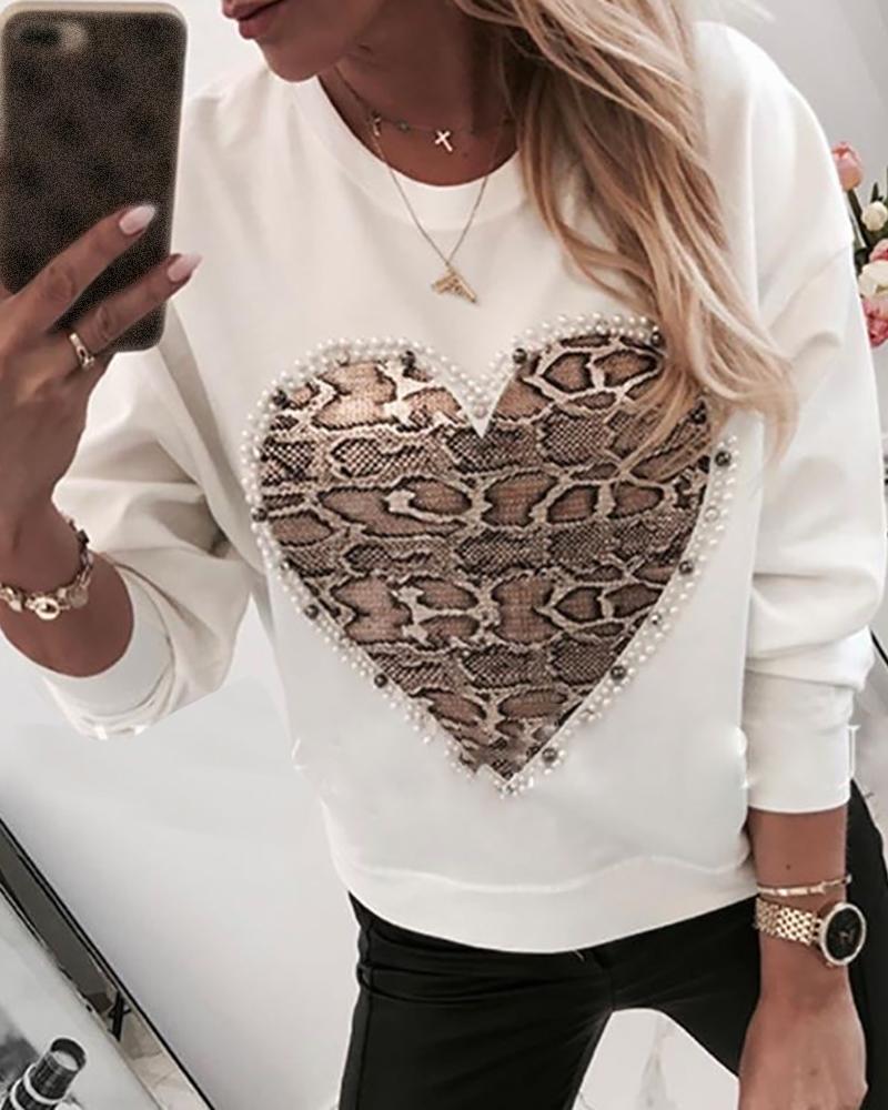

Heart Pattern Snakeskin Print Round Neck Casual Sweatshirt, White