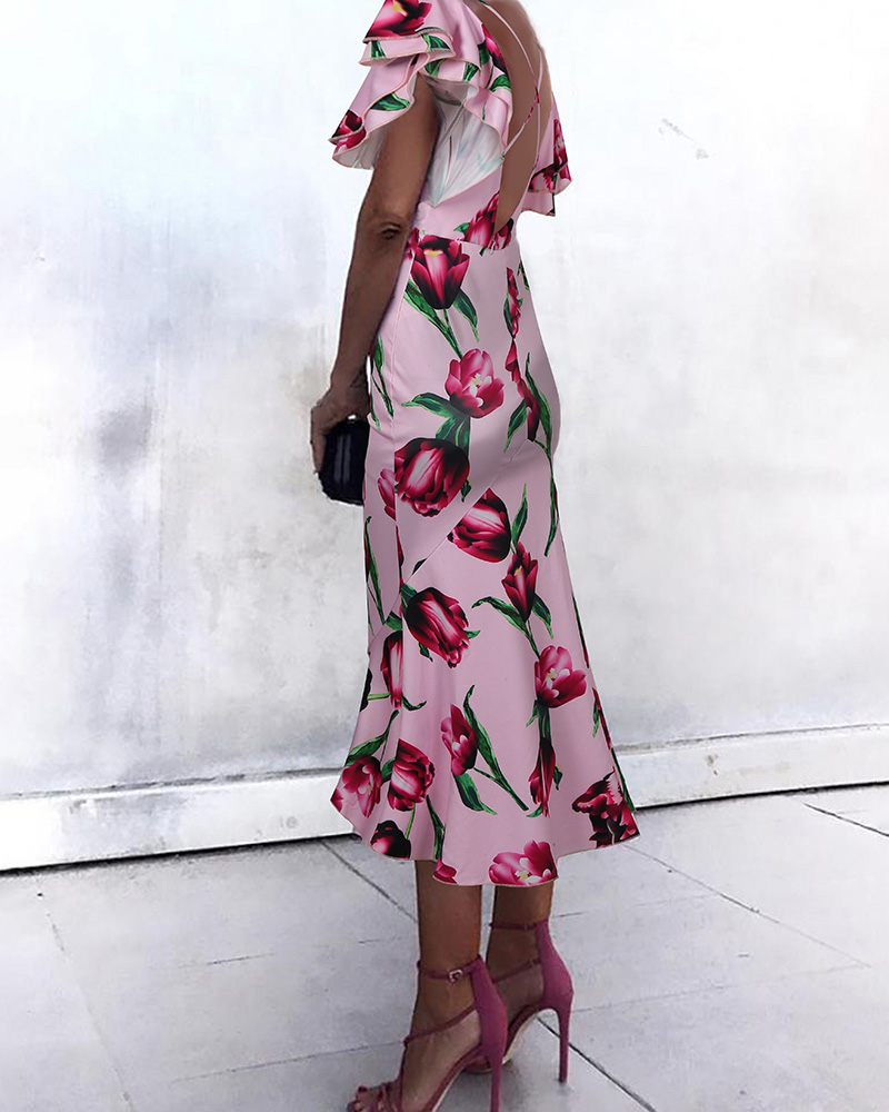 

Floral Print Ruffles Crisscross Back Dress