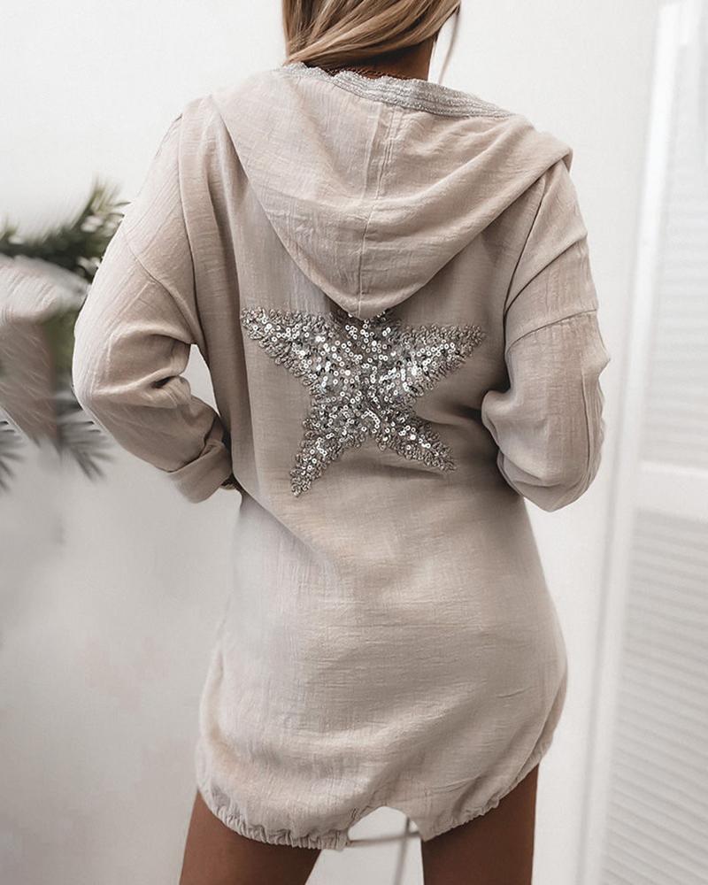 

Star Pattern Sequins Hooded Casual Coat, Pink