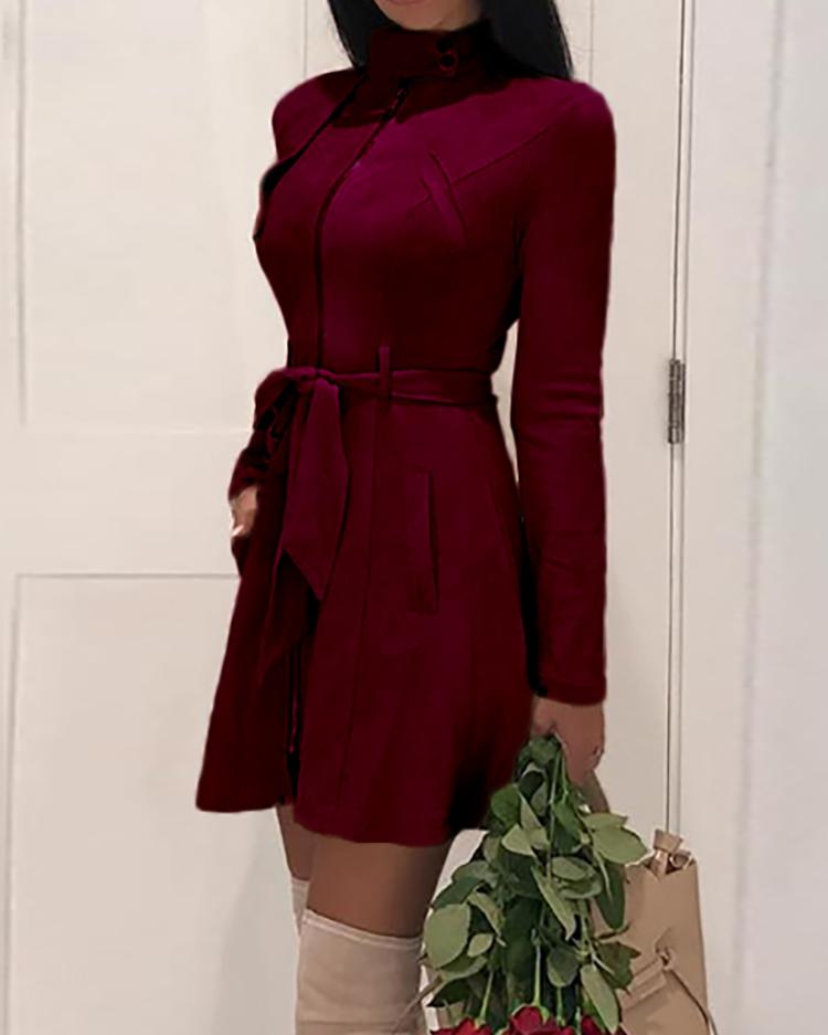 

Zipper Front Pocket Design Belted Dress, Wine red
