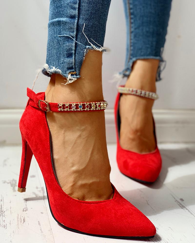 

Pointed Toe Ankle Buckled Studded Thin Heels, Red