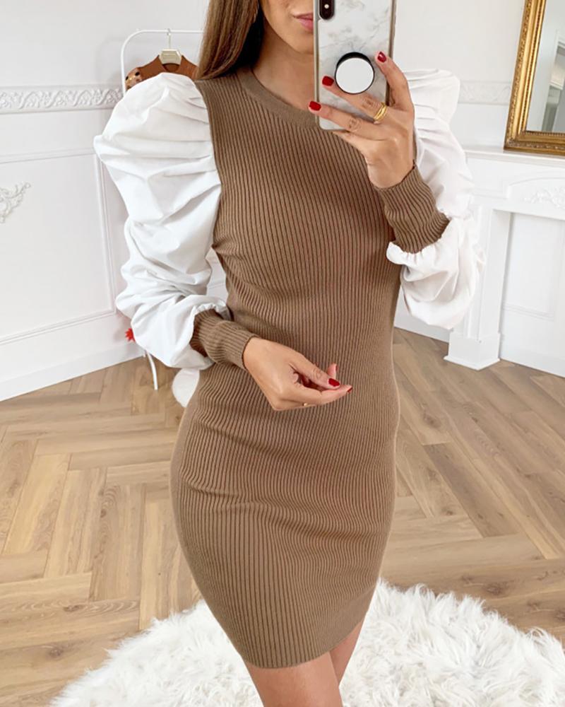 

Puffed Sleeve Ribbed Sweater Dress, Khaki