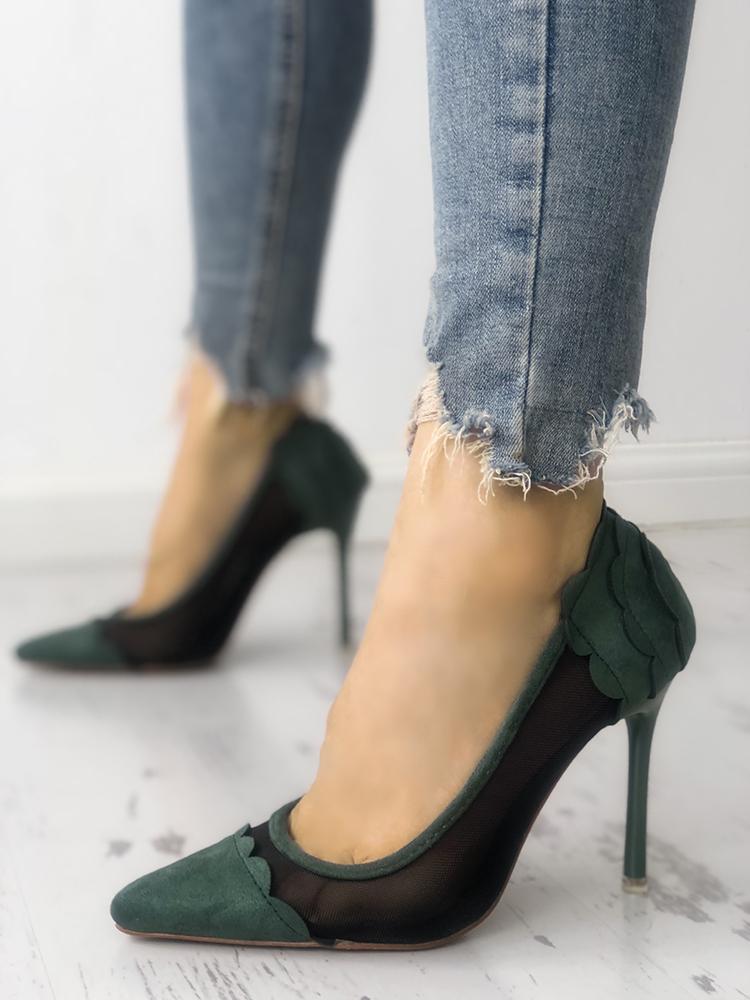 

Mesh Splicing Scallop Trim Thin Heeled Sandals