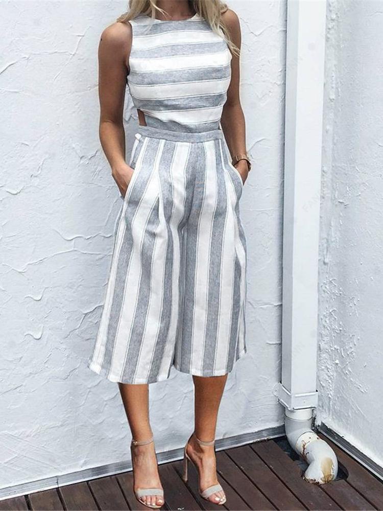 

Striped Cutout Waist Wide Leg Jumpsuit, Gray