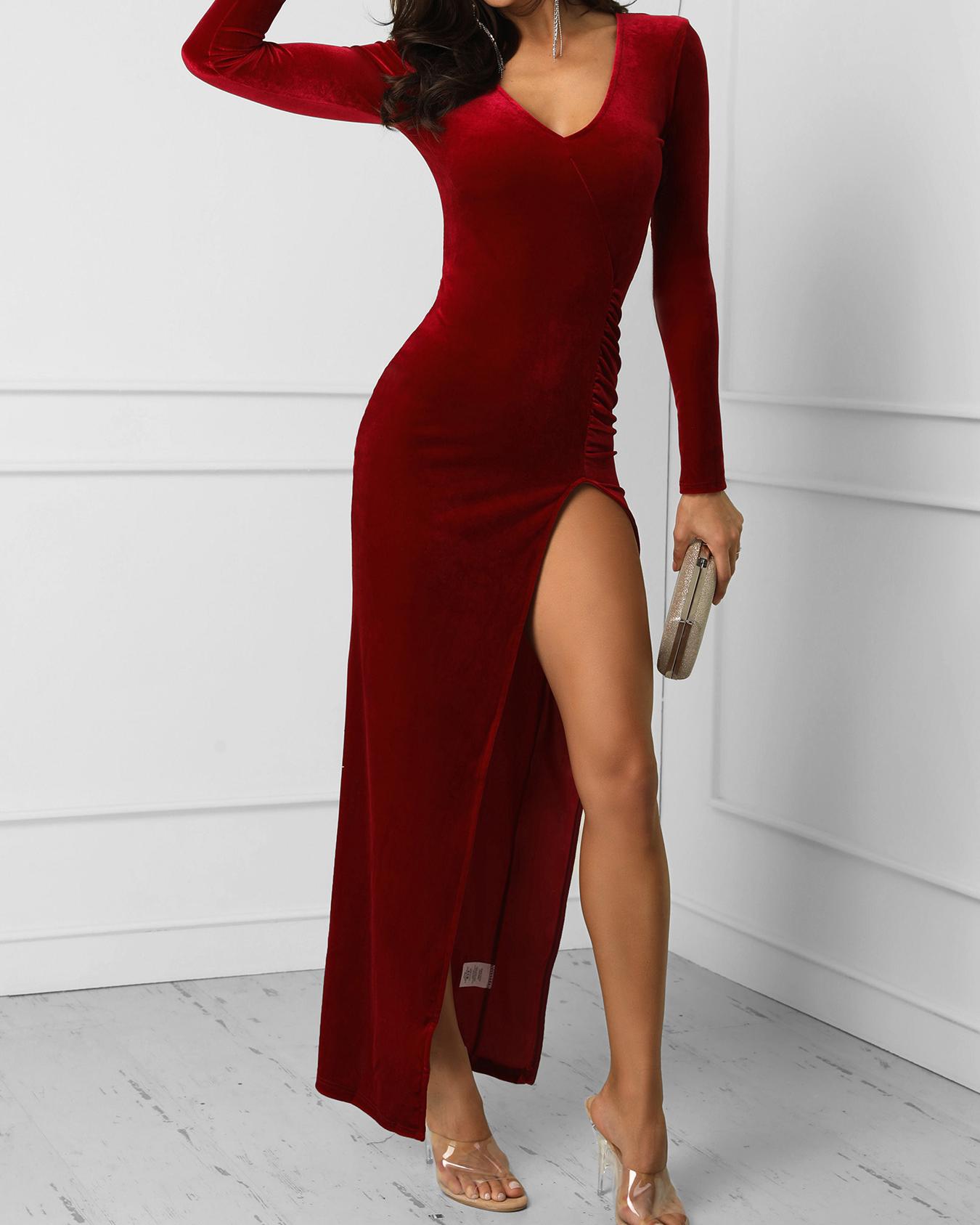 

V-Neck Long Sleeve Thigh Slit Dress, Red