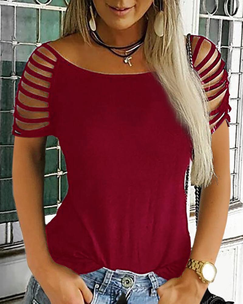 

Solid Ladder Hollow Out Casual T-shirt, Red