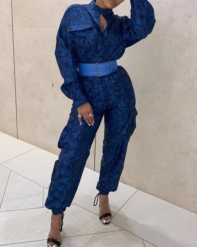 

Mock Neck Camouflage Pocket Design Cargo Jumpsuit, Blue