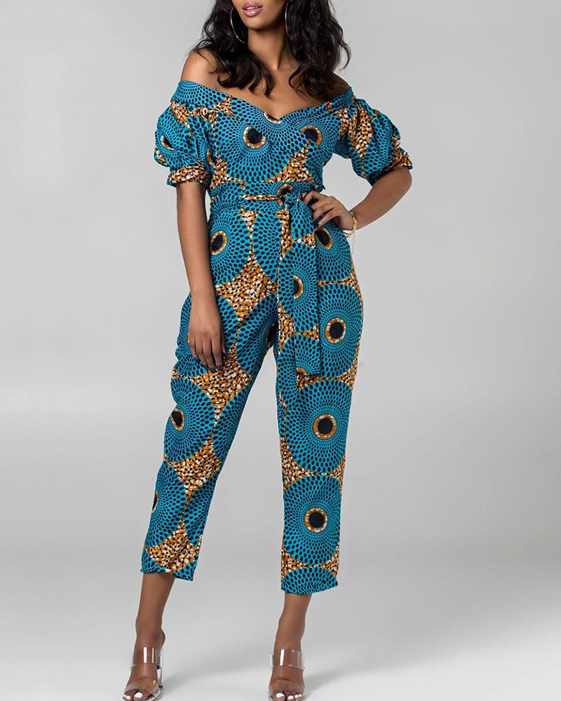 

Print Off Shoulder Tight Waist Short Sleeve Jumpsuit, Blue