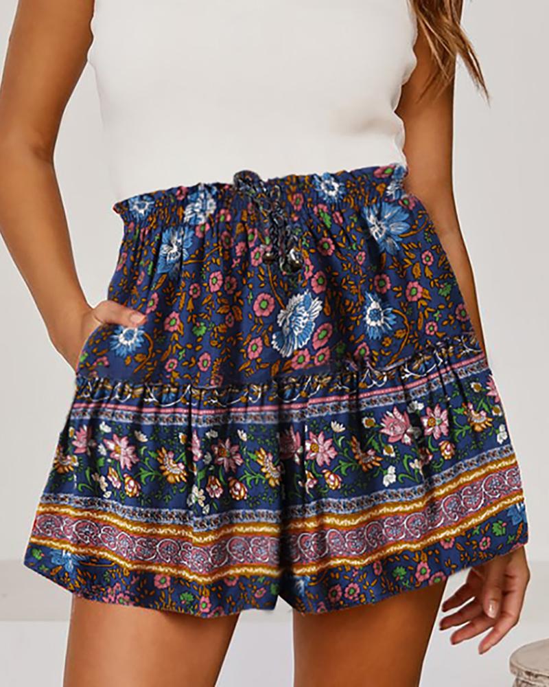 

Floral Print Pocket Design Shorts, Dark blue