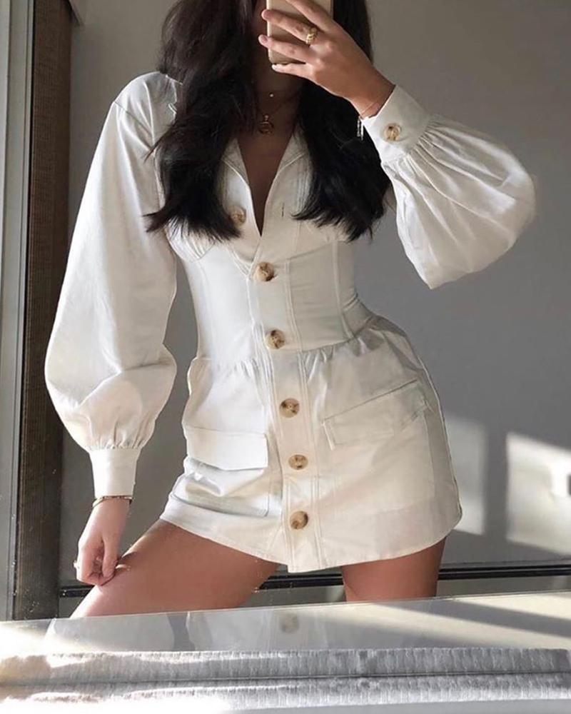 

Solid Button-Up Blazer Dress, White