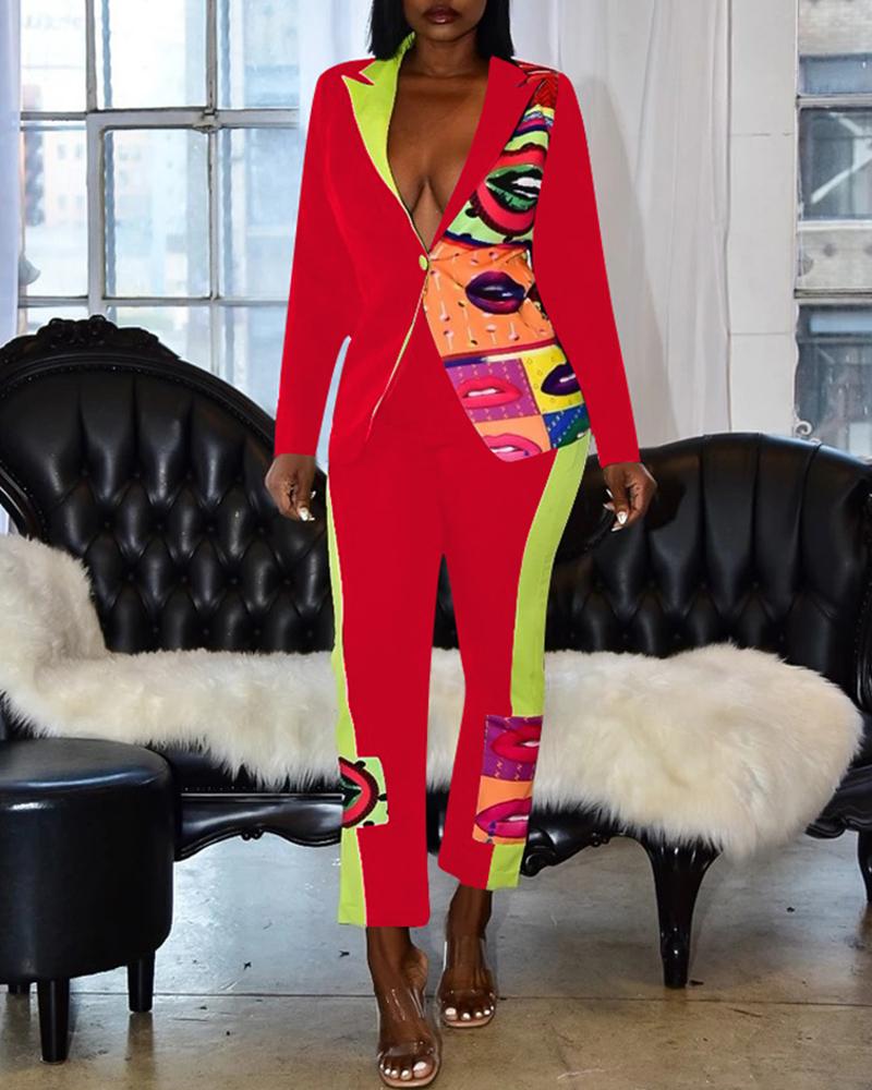 

Notched Collar Mouth Print Colorblock Blazer & Pants Sets, Red